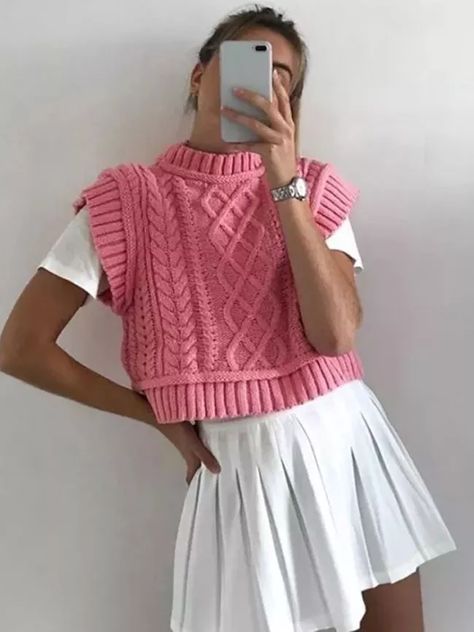 Pink Sweater Vest Women Knit Sleeveless Knits Cropped Sweater Tank Cropped Sweater Vest, Sweater Vest Outfit, Cable Knit Vest, White Long Sleeve Blouse, Sweater Layering, Sweater Vest Women, Sweater Crop, Vest Outfits, Sweet Candy