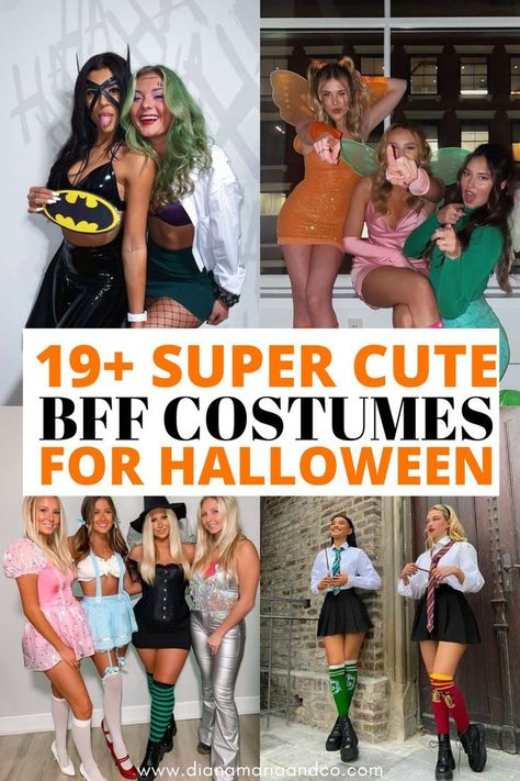 There are so many cute BFF costumes for Halloween on this list. If you're on a budget and want a cute, easy costume- we've got you covered! Cute Bff Costumes, Best Friend Costumes For Halloween, Friend Costume Ideas Two, Cute Best Friend Costumes, Group Costumes Ideas, Best Friend Halloween Costume Ideas, Original Costume Ideas, Bff Costumes, Best Friend Costumes