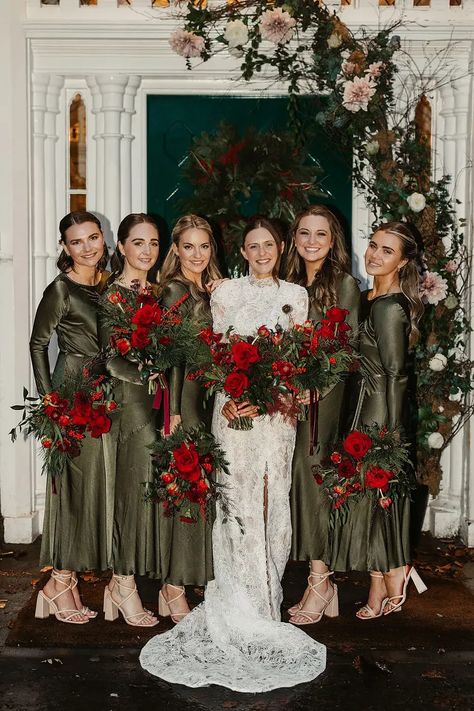 Festive Christmas Wedding Weekend at Drumtochty Castle with high neck Olive Green Bridesmaid Dresses holding bright red rose wedding bouquets for winter wedding Christmas Green Bridesmaid Dresses, New Years Wedding Bridesmaid Dresses, Christmas Bridesmaids Dresses, Green Winter Bridesmaid Dresses, Christmas Wedding Bridesmaids Dresses, Bridesmaid Dresses High Neck, Christmas Bridesmaid Dresses, Dresses With High Neck, Drumtochty Castle