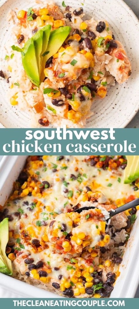 A Healthy Southwest Chicken Casserole Recipe that is so easy to make! This Mexican Chicken Casserole is perfect for a one pan dinner. Southwest Chicken Casserole Healthy, Easy Dinner Bakes Healthy, Southwest Style Chicken Bake, Whole Food Casserole Recipes, Mexican Chicken Casserole Healthy, One Pan Healthy Dinner Recipes, Sante Fe Chicken Casserole, Rotessire Chicken Recipes Healthy, Paleo Chicken Casserole Recipes