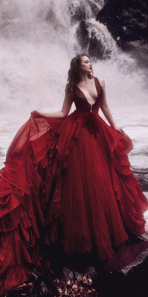 Dark Romance: 18 Gothic Wedding Dresses ★ See more: https://weddingdressesguide.com/gothic-wedding-dresses/ #bridalgown #weddingdress Red Wedding Dress Aesthetic, Malyarova Olga, Gothic Wedding Dresses, Red Dress Aesthetic, Woman In Red Dress, Fire Dress, Couture Dior, Dresses Bride, Camilla Dress