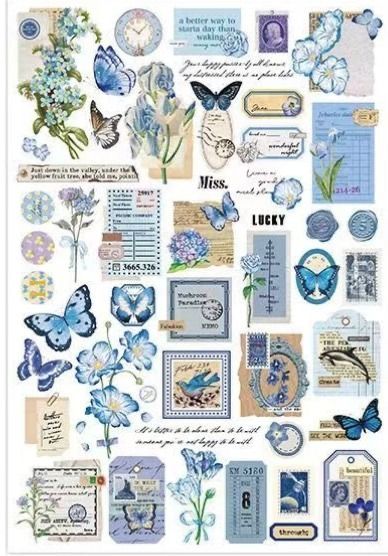 Printable Scrapbook Paper Blue, Aesthetic Journal Design Ideas, Journaling Backgrounds Printable, Vintage Aesthetic Stickers For Journaling, Fantasy Stickers Aesthetic, Scrapbook Stickers Printable Blue, Cute Designs For Projects, Blue Vintage Stickers, Blue Scrapbook Aesthetic