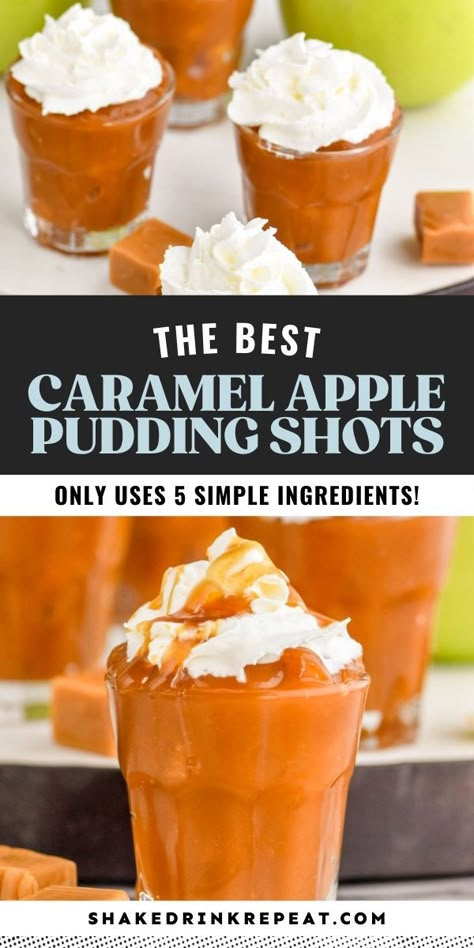 This Caramel Apple Pudding Shot recipe is simple, smooth, and delicious. With the perfect blend of butterscotch, caramel, and apples, you will taste all of the flavors of fall in each shot. Butterscotch Pudding Shots Alcoholic, Fall Jello Shots Alcohol, Caramel Apple Pie Drink Alcohol, Pudding Shots Butterscotch, Pudding Shots Halloween, Caramel Apple Shots Alcohol, Butterscotch Shots Recipe, Fall Shooters Alcohol, Fall Pudding Shots Alcohol