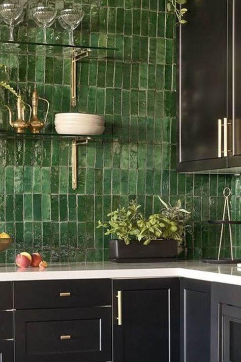 green tile backsplash Green Hexagon Tile Kitchen, Emerald Green Subway Tile Kitchen, Green Black Kitchen Aesthetic, Dark Emerald Kitchen, Mineral Green Aesthetic, Forest Green Backsplash Kitchen, Dark Green Tile Kitchen Backsplash, Green Tile Bar Backsplash, Kitchen Ideas Green Countertop