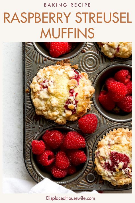 The yummiest one-bowl (ish) Easy Raspberry Muffins start with a moist sour cream muffin batter that is loaded with lemon and bursting with fresh raspberries (frozen raspberries can be used too!). Each muffin is topped with buttery, crispy streusel topping (perfection). Lots of tips on getting a nice, tall muffin top as well as an optional overnight batter rest so you can have fresh-baked muffins in the morning! Healthy Raspberry Muffin Recipes, Raspberry Peach Muffins, Lemon Raspberry Streusel Muffins, Sour Cream Raspberry Muffins, Raspberry Crumble Muffins, Raspberry Muffins With Crumble Topping, Berry Muffins With Fresh Berries, Fruit Muffin Recipes, Frozen Raspberry Recipes