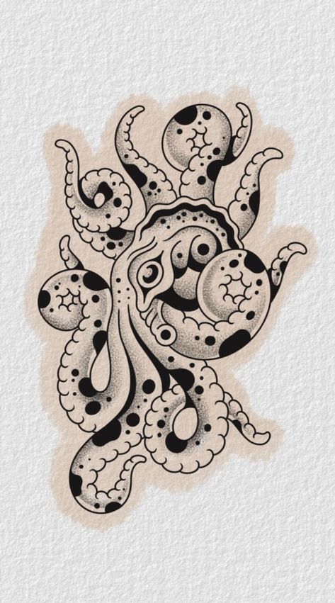 Pacific Island Tattoo, Octopus Space Tattoo, Ocean Themed Traditional Tattoo, Kraken Traditional Tattoo, Black And White Octopus Tattoo, Trad Octopus Tattoo, Cute Seahorse Tattoo, Vampire Squid Tattoo, Old School Sea Tattoo