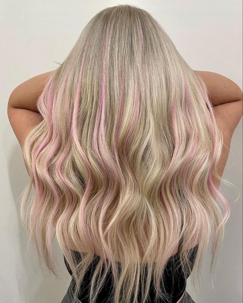 #haircolor #hair #haircut #hairstyle #hairstyles #hairstylist #balayage #hairdresser #hairgoals #beauty #blondehair #blonde #fashion #instahair #longhair #highlights #hairsalon #hairtransformation #behindthechair #style #makeup #haircare #salon #haircolorist #hairfashion #olaplex #ombre #hairoftheday #color #hairextensions Dirty Blonde Pink Highlights, Baby Pink Hair Highlights, Halo Hair Color Ideas, Blonde Pink Highlights, Light Pink Highlights, Halo Hair Colors, Pink Highlights Blonde Hair, Pink Hair Highlights, Baby Pink Hair