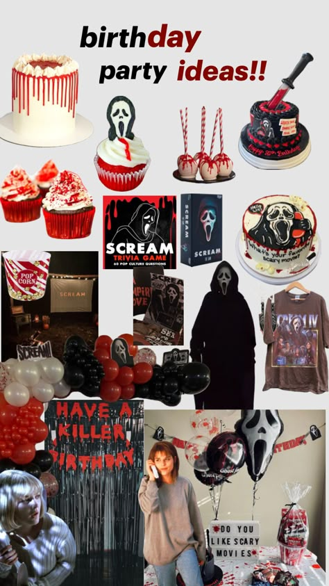 summerween ghost face birthday party!! #19 Scream Themed Sleepover, Birthday Party Horror Theme, Spooky 16 Birthday, Horror Themes Birthday Party, Scream Themed Party Ideas, Ghostface Wedding, Ghost Face Party Decorations, Ghost Face Themed Party, 18th Birthday Halloween Party