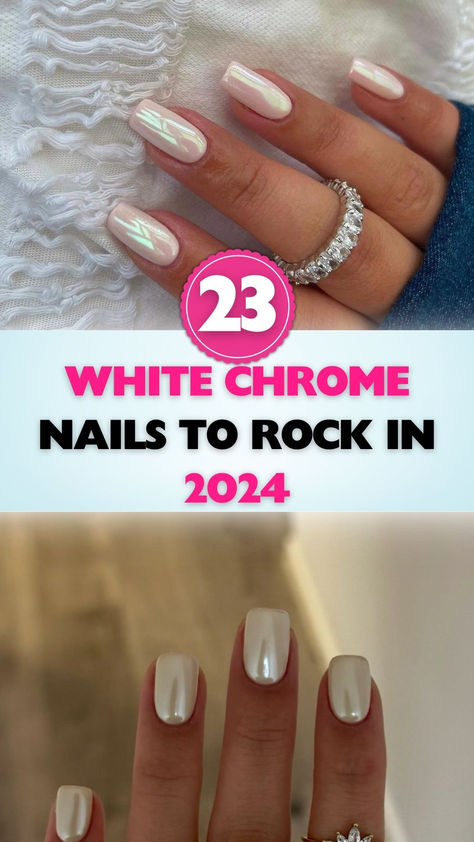 Discover elegant white chrome nails that will elevate your style in 2024. Perfect for any occasion! Chrome Over White Nails, White Chrome Nails Snowflake, White Chrome Nail Polish, Chrome Nail Dip Powder, 2025 Chrome Nails, Clear Dip With Chrome, Chrome Nails With Accent Nail, Chrome Nails Bubble Bath, White With Gold Chrome Nails