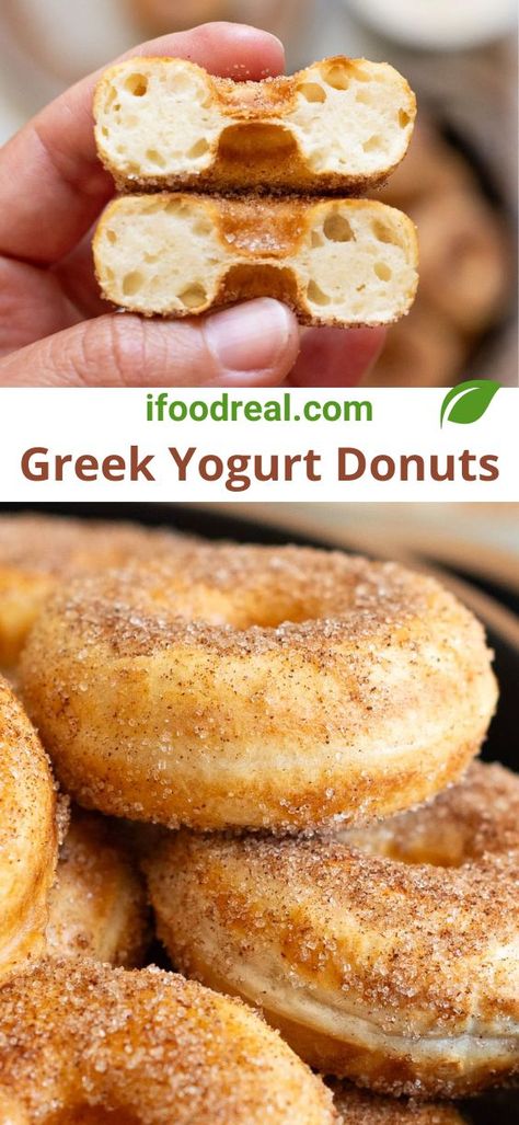 These Greek Yogurt Donuts have no yeast, no eggs, and no frying. Just bake in a donut maker, air fryer, or oven and then dust with cinnamon sugar. Healthy Air Fryer Donut Recipes, Healthy Cake Donut Recipe, Flourless Donut Recipe, Greek Yogurt Sweet Recipes, Easy Healthy Donut Recipe, Air Fryer Donuts Easy, Healthier Donut Recipes, Breakfast Recipes With Greek Yogurt, Greek Yogurt Donut Recipe