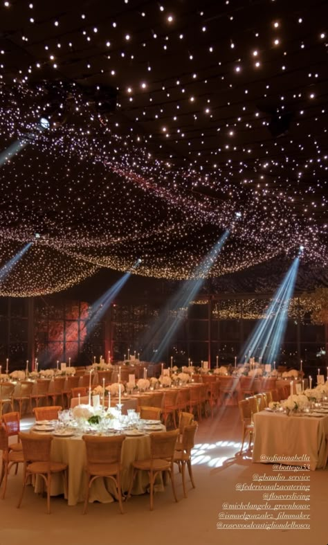 Wedding Lights Ceiling, Met Gala Theme Wedding, Night Wedding Indoor, Starry Ceiling Wedding, Starry Lights Ceiling, Light Ceiling Wedding, Fairy Lights Ceiling Wedding, Twinkle Light Weddings, Wedding Decorations Ceiling