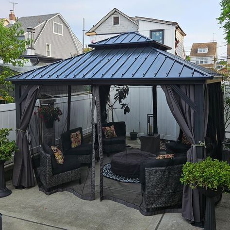 PRICES MAY VARY. [Perfect Size] Our design allows you to have a high-quality gazebo. The domi 10x10-ft gazebo gives ample space for you and your guests to roam about and sit comfortably without feeling crowded or constrained. It makes outdoor meetings more fun. [Durable Material] The domi hardtop gazebo pavilion, made of strong materials such as aluminum and galvanized steel, can survive in adverse weather conditions such as rain, wind, and snow. It can also withstand fading, rusting, and corros Gazebo Pavilion, Metal Gazebo, Permanent Gazebo, Roof Canopy, Grey Patio, Hardtop Gazebo, Gazebo Pergola, Patio Backyard, Backyard Deck