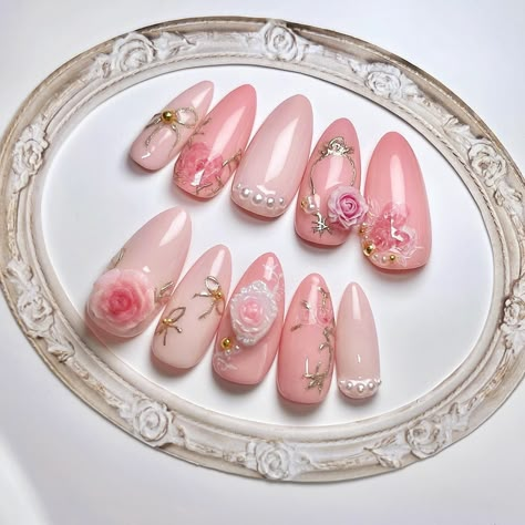 Pink Rose Nail Designs, 3d Rose Nails, Pink Rose Nails, Cute Korean Nail Art, Hard Gel Overlay, Rose Nail Design, Feet Nail Design, Nails Artist, 3d Flower Nails