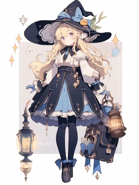 Character Design Overalls, Anime Witch Outfit Design, Kawaii Witch Outfit, Witch Clothes Drawing, Cute Witch Character Design, Mage Reference, Witch Outfit Drawing, Witch Outfits Aesthetic, Witch Vtuber