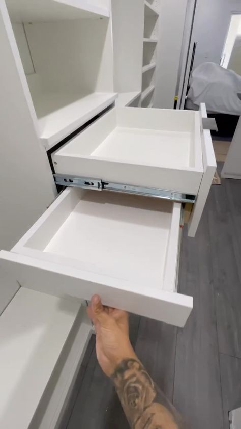 Luis | Hidden drawer👀🔥 • • • #customcloset #customclosetdesign #customwork #closet #walkincloset #fyp #viral #reels #hiddendrawer #secretdrawer | Instagram Hidden Drawer Ideas, Cupboard Drawers Ideas, Hidden Drawers Secret Compartment, Closet Drawer Organization, Secret Drawer In Wardrobe, Hidden Drawer In Wardrobe, Decorating A Small Bedroom, Drawer Detail, Hidden Storage Ideas