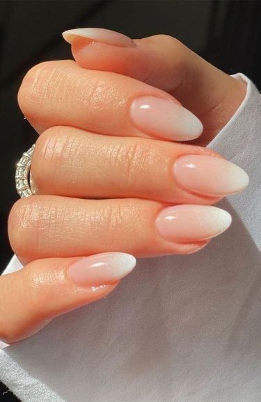 Nails Hailey Bieber Ombre Nails, Natural Ombre Almond Nails, Wedding Nails For Bride Hombre, Wedding Day Nails Ombre, Ombre Bride Nails, Hombre White Nails, Transparent French Tip Nails, Ombré French Tip With Design, Natural French Ombre Nails