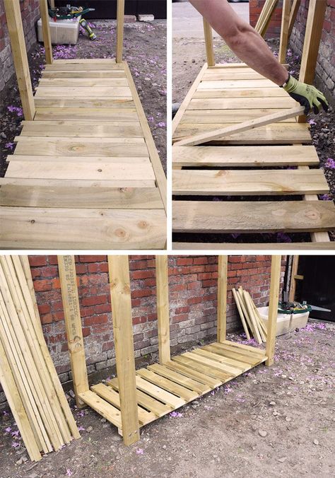 How To Build A Log Store                                                                                                                                                                                 More Outside Log Storage Ideas, Log Store Outdoor Diy, Log Store Ideas, Log Store Plans, Log Store Pallet, Pallet Wood Shed Diy Firewood Storage, How To Build A Log Store, Diy Log Store, How To Make A Log Store From Pallets