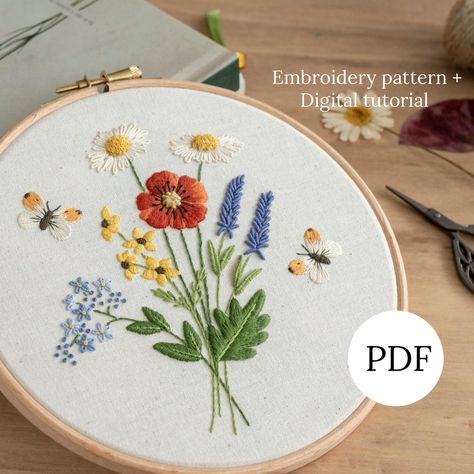 Poppy Embroidery Pattern, Bees Project, Bouquet Embroidery Pattern, Embroidery Poppy, Embroidery Bouquet, Bouquet Embroidery, Embroidery Hat, Digital Tutorial, Lavender Floral