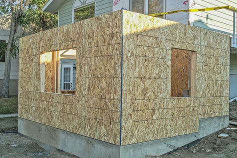 Foundation and first floor of home addition framed and covered with OSB Home Extension Ideas Room Additions, Kitchen Bump Out, Bump Out Addition, Lofted Barn Cabin, Home Addition Plans, Bedroom Addition, Bump Out, Kitchen Addition, Cabin Floor