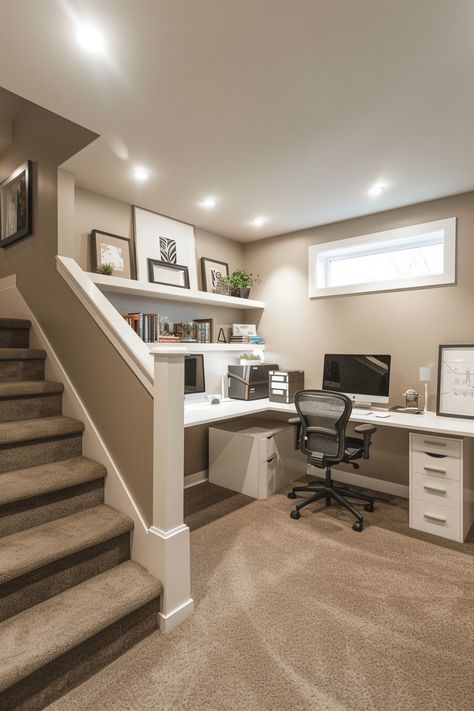 Basement Family Room Office Combo, Stairwell Ideas Basement, Small Narrow Basement Ideas, Beach House Basement Ideas, Basement Crawl Space Ideas, Long Narrow Basement Ideas Layout, 1000 Sq Ft Basement Layout, Ikea Basement Ideas, Railing To Basement