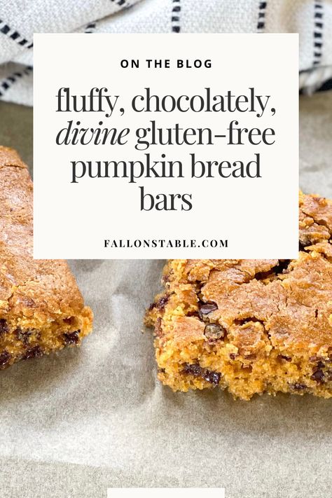 Fluffy Gluten-free Pumpkin Bread Bars — Fallon's Table Gluten Free Pumpkin Bars, Gluten Free Breakfast Bars, Pro Metabolic, Gluten Free Pumpkin Bread, Bread Bar, Real Food Diet, Pumpkin Breakfast, Gf Breakfast, Bars And Squares