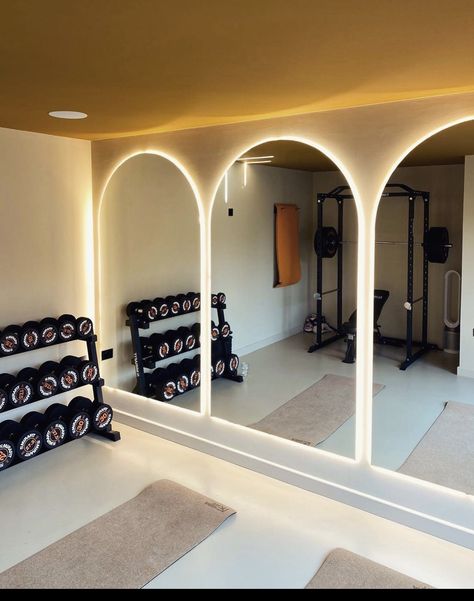 Windowless Home Gym, Personal Gym Design, Girly Home Gym, Home Gym And Sauna, Fitness Gym Interior Design, Home Gym With Sauna, Home Gym Lighting, Gym With Sauna, Small Space Home Gym