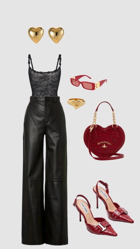 Out with the gals #beauty #outfitinspo #valentinesoutfit #valentinesdayaesthetic Leather Pants Outfit, Smink Inspiration, Looks Chic, Fancy Outfits, Looks Style, Lookbook Outfits, Looks Vintage, Night Outfits, Outfits Casuales