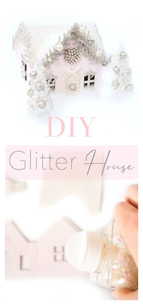 This DIY Glitter House is the perfect way to glam up your home this holiday season and can be customized to match your other decor. Make one or create a whole village to add a warm and cozy feel to the house! Glam Gingerbread House, Glitter Houses Christmas, Mini Christmas Houses Diy, Glitter House Paint, Puts Houses, Diy Christmas Village Houses, Putz Village, Diy Blush, Whimsical Crafts