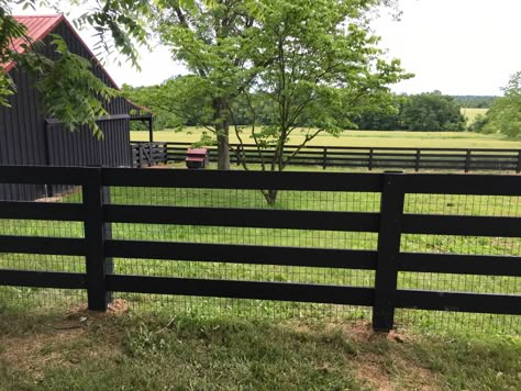 3 Rail Post & Board Painted Black | Smucker Fencing Black Wood Fence Farmhouse, Black Ranch Fencing, Black Post And Rail Fence, Black Ranch Fence, Grey Stained Fence, Ranch Fencing Ideas, Black Split Rail Fence, Fence Painted Black, 3 Rail Fence