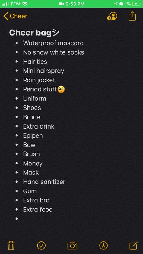 Game Day Packing List Cheer, Stuff To Put In Your Cheer Bag, Cheer Requirements, What To Put In Your Cheer Bag For Competition, Things For Cheerleaders, Things To Have In Your Cheer Bag, Cheer Bag Must Haves, Highschool Cheer Tips, What To Bring To Cheer Tryouts