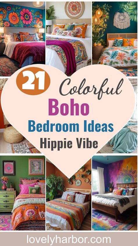 Transform your space with colorful boho decor and vibrant patterns for a whimsical, hippie vibe that truly inspires creativity and serenity. Colorful Main Bedroom, Fun Boho Bedroom, Bohemian Maximalist Decor Bedroom, Dopamine Bedroom Decor, Hippie House Exterior, Boho Adult Bedroom, Hippie Core Aesthetic, Rv Bedroom Makeover, Bohemian Bedroom Decor Hippie