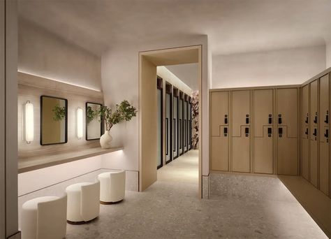 With the Savoy Club, Forgarty Finger Brings a 1960s Spirit Back to the General Motors Building | Architectural Record Fogarty Finger, Amenity Space, Luxury Gym, Dreams Spa, Locker Designs, Wc Design, Restroom Design, Gym Lockers, Spa Interior