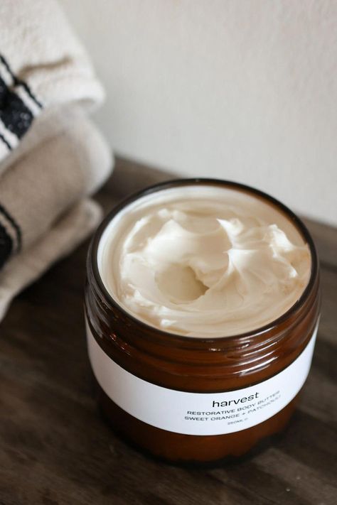 Introducing our luxurious Restorative Body Butter, crafted with a blend of essential oils creating a sensory experience like no other. The refreshing and citrusy notes of sweet orange uplift and invigorate your spirit, while the floral and calming aroma of geranium and lavender soothe and relax your senses. The earthy and grounding scent of patchouli adds a touch of warmth and luxury to the overall fragrance blend. Directions - Massage into cleansed skin u Luxury Body Butter Packaging, Body Butter Marketing Ideas, Natural Body Moisturizer, Body Butter Photoshoot Ideas, Body Butter Product Photography, Body Butter Photography Ideas, Body Butter Photography, Body Butter Aesthetic, Fresh Cheese Recipe