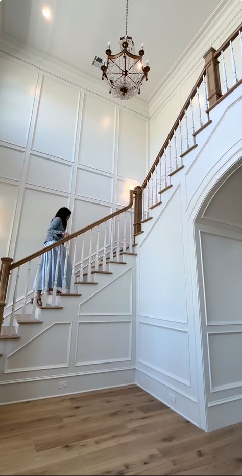 Foyer Wall Trim Entryway, Foyer Crown Molding Entryway, 2 Story Foyer Paneling, Entryway Molding Ideas Foyers, Moulding Staircase Wall, Wainscoting Ideas Foyer, Stair Board And Batten, Foyer Trim Ideas Entryway, Picture Frame Molding Vaulted Ceiling