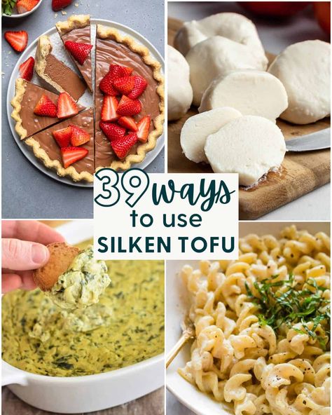 These 39 silken tofu recipes are the best way to use up that container of silken tofu! Think outside the box and use this soft, custard-like soy product to make breakfast, vegan dips, vegan mozzarella cheese, chocolate pie, oats, chocolate mousse, or creamy pasta! You are guaranteed to find a new favorite recipe here! Creamy Tofu Recipes, Recipes Using Soft Tofu, Vegan Firm Tofu Recipes, Ways To Eat Tofu, Best Vegan Tofu Recipes, Vegan Tofu Dessert, Extra Firm Silken Tofu Recipes, Blended Tofu Recipes, Recipes Using Silken Tofu