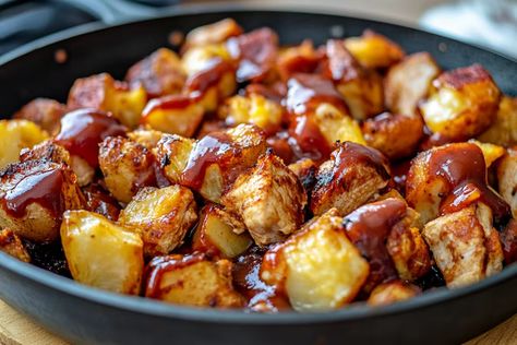 BBQ Chicken Potato Skillet - Delicious Recipes - Easy Cooking Ideas and Tasty Dishes Barbecue Chicken And Potatoes, Bbq Chicken Potato Skillet, Bbq Chicken Potato Casserole, Bbq Chicken And Potatoes, Chicken Potato Skillet, Bbq Baked Potatoes, Crockpot French Onion Soup, Costco Chicken Bake, Loaded Chicken And Potatoes