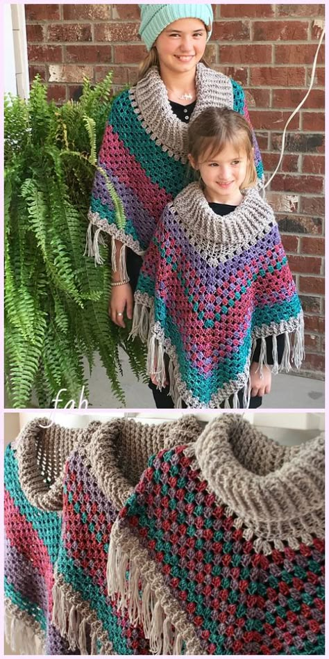 Cowl Neck Poncho Crochet Pattern for Ladies Crochet Granny Poncho, Girls Crochet Poncho Free Pattern, Crochet Patterns Free Shawl Poncho Cowl Neck, Childs Crochet Poncho Pattern Free, Crochet Cowl Neck Poncho, Granny Square Poncho Kids, One-size Crochet Yarn Poncho, Poncho Crochet, Cowl Neck Poncho