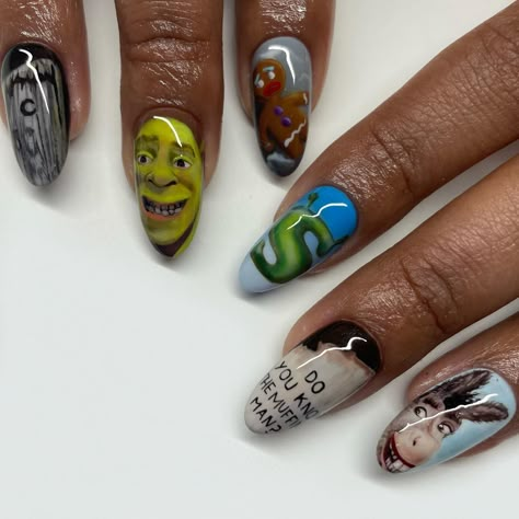 Weird Nail Designs Funny, Tacky Nails Art Designs, Slay Nails Queens, Grimace Nails, The Lorax Nails, Shrek Nails Designs, Funny Nails Design Hilarious, Hannah Montana Nails, Long Ugly Nails