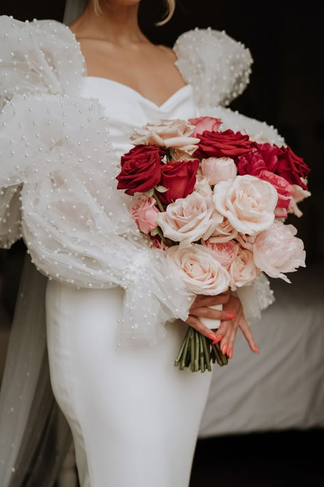 Burgundy And Pearl Wedding, Red Pink White Gold Wedding, February Wedding Dress, Tofino Elopement, Red Rose Wedding Bouquet, Pink Red Wedding, Pearls Wedding Theme, Pearl Sleeves, Red Rose Bouquet Wedding