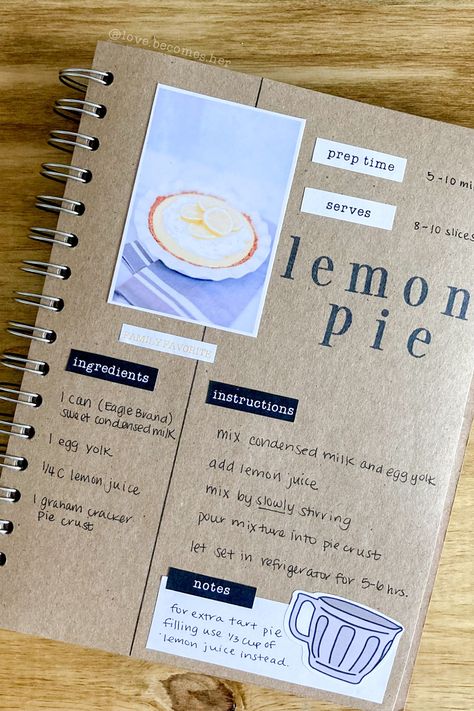 Scrapbook Recipe Book, Homemade Recipe Books, Lemon Pie Recipe, Recipe Book Design, Recipe Book Diy, Recipe Book Templates, Recipe Journal, Recipe Scrapbook, Recipe Binder