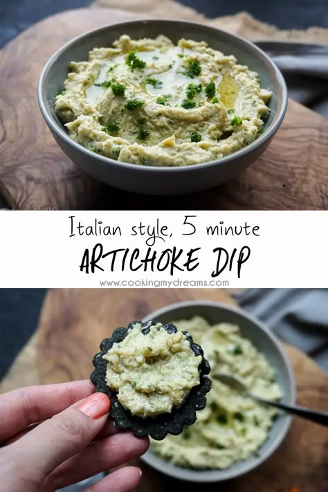 This 5 minute recipe for Italian style Artichoke Dip is a perfect quick and easy crowd-pleaser. With just a few staple pantry ingredients and artichoke hearts, you can whip up a snack, appetizer, or as we do in Italy, a nice Aperitivo. Cold Artichoke Dip, Cold Artichoke Dip Recipe, Canned Artichoke Recipes, Italian Artichoke, Best Artichoke Recipe, Artichoke Appetizer, Artichoke Heart Recipes, Italian Thanksgiving, Ble Recipes