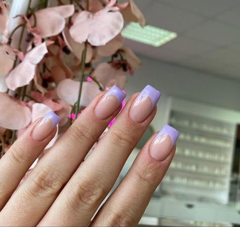 Violet Tip Nails, Lilac Nails Acrylic French Tip, French Tip Square Nails Color, Light Purple Nails Acrylic French Tips, Purple French Tip Nails Coffin Short, Purple French Tip Nails Natural, Purple French Dip Nails, Cute Lavender Nails French Tip, Lilac French Tip Nails Coffin