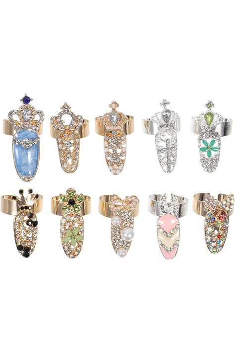 KALLORY 10pcs Fingernail Rings Jewelry Women Crystal Fingertip Rings Knuckle Nail Ring Cover Nail Art Charm for Nail Decoration Fingernail Rings, Fingertip Rings, Nail Cover, Nail Rings, Charm Art, Rings Flower, Wear Rings, Bow Nail, Nails Rings