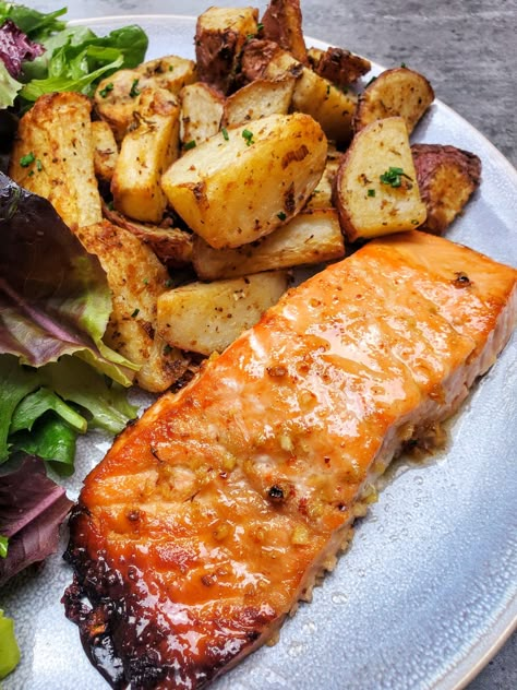 Baked Maple Dijon Salmon - Women of Today Horseradish Maple Syrup Salmon, Salmon Recipes Baked Maple Syrup, Salmon Apple Recipes, Dijon Baked Salmon, Autumn Salmon Recipes, Dijon Salmon Recipes, Winter Salmon, Maple Dijon Salmon, Butter Sweet Potatoes