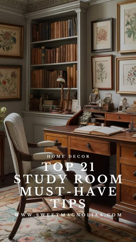 Explore essential design tips in our latest blog, 'Study Room Design: 21 Must-Have Tips for Functional Decor', where we guide you through creating a study space that is as stylish as it is practical. Learn how the right design can enhance both productivity and creativity. #homedecor #interiordesign #studyroom #studyroomdesign Roll Top Desk Styling, Moody Home Study, Home Study Decor, Living Room Desks, Home Office Academia, Large Home Office Layout, Moody Study Interior Design, New England Office, Light Academia Study Aesthetic