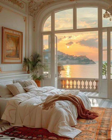 Luxury Bedroom With Balcony, Villa Bedroom Aesthetic, Luxury Beach House Bedroom, Italy Bedroom Aesthetic, Room With Balcony Bedrooms, Italy Room Aesthetic, Cute Hotel Room, Floor To Ceiling Windows Bedroom, Italian Room Aesthetic