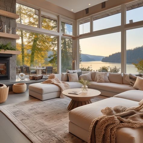 Living Room Designs Spacious, House Interior Big Windows, Good Living Room, Great Room Modern, All Window Wall Living Room, Lake Apartment, Luxury Lake House Interior, Living Room With Big Window Layout, Pool View From Living Room