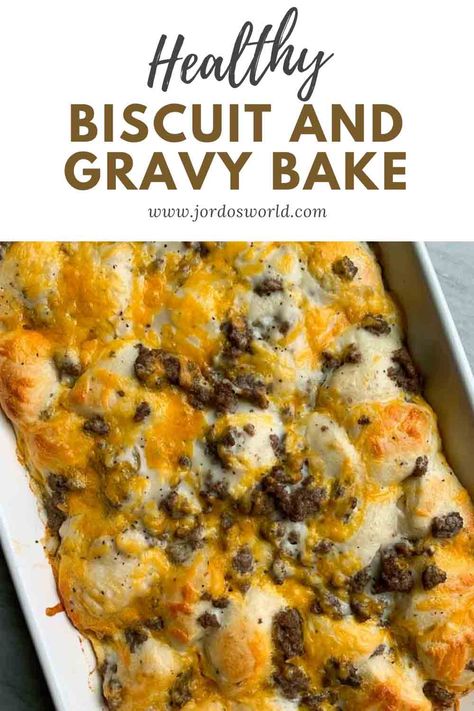 Throw everything you thought about comfort food right out the window, and throw this delicious Biscuits and Gravy Bake right into the oven. Healthy Biscuits And Gravy Casserole, Macro Friendly Biscuits And Gravy, High Protein Biscuits And Gravy, Biscuits And Gravy Bake, Healthy Biscuits And Gravy, November Meals, Biscuit And Gravy Bake, Mac Recipes, Healthy Biscuits