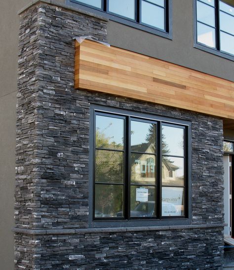 Stacked Stone - Dark Rundle - Ecostone ... Stone Siding Exterior, Cladding Stone, Stacked Stone Fireplaces, Stone Exterior Houses, Stone Wall Design, Exterior Houses, House Cladding, Stone Exterior, Bungalow Exterior