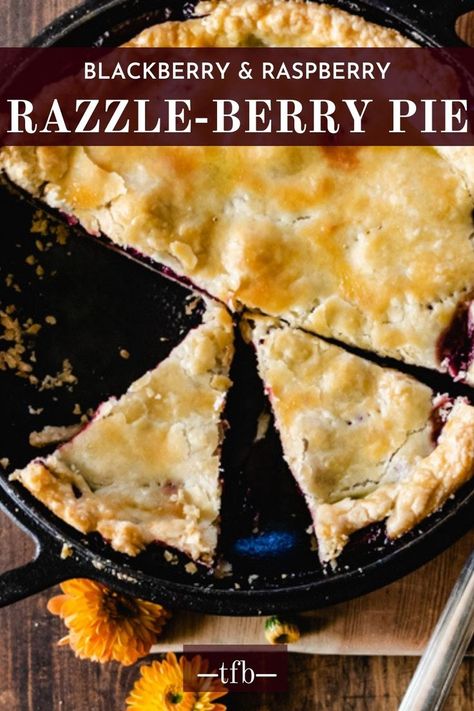 Slices of blackberry and raspberry pie in a pie pan. Blackberry Raspberry Pie, Christmas Brunch Appetizers, Razzleberry Pie Recipe, Razzleberry Pie, Elegant Christmas Dinner, Pie Crust Designs, Buttery Pie Crust, Blackberry Pie, Pie Crust Dough